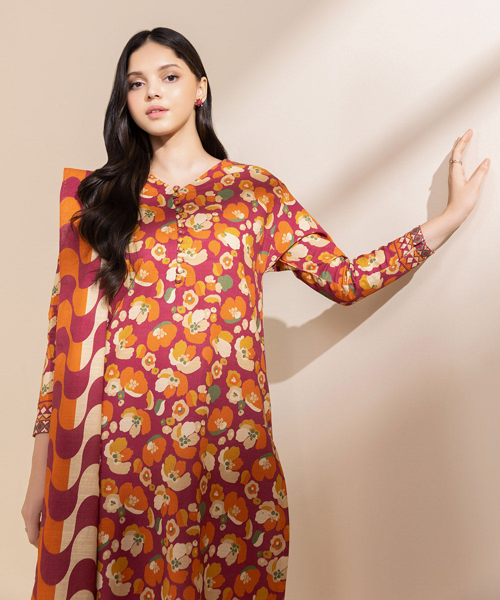 Women's Unstitched Light Khaddar Printed Multi 2 Piece Suit