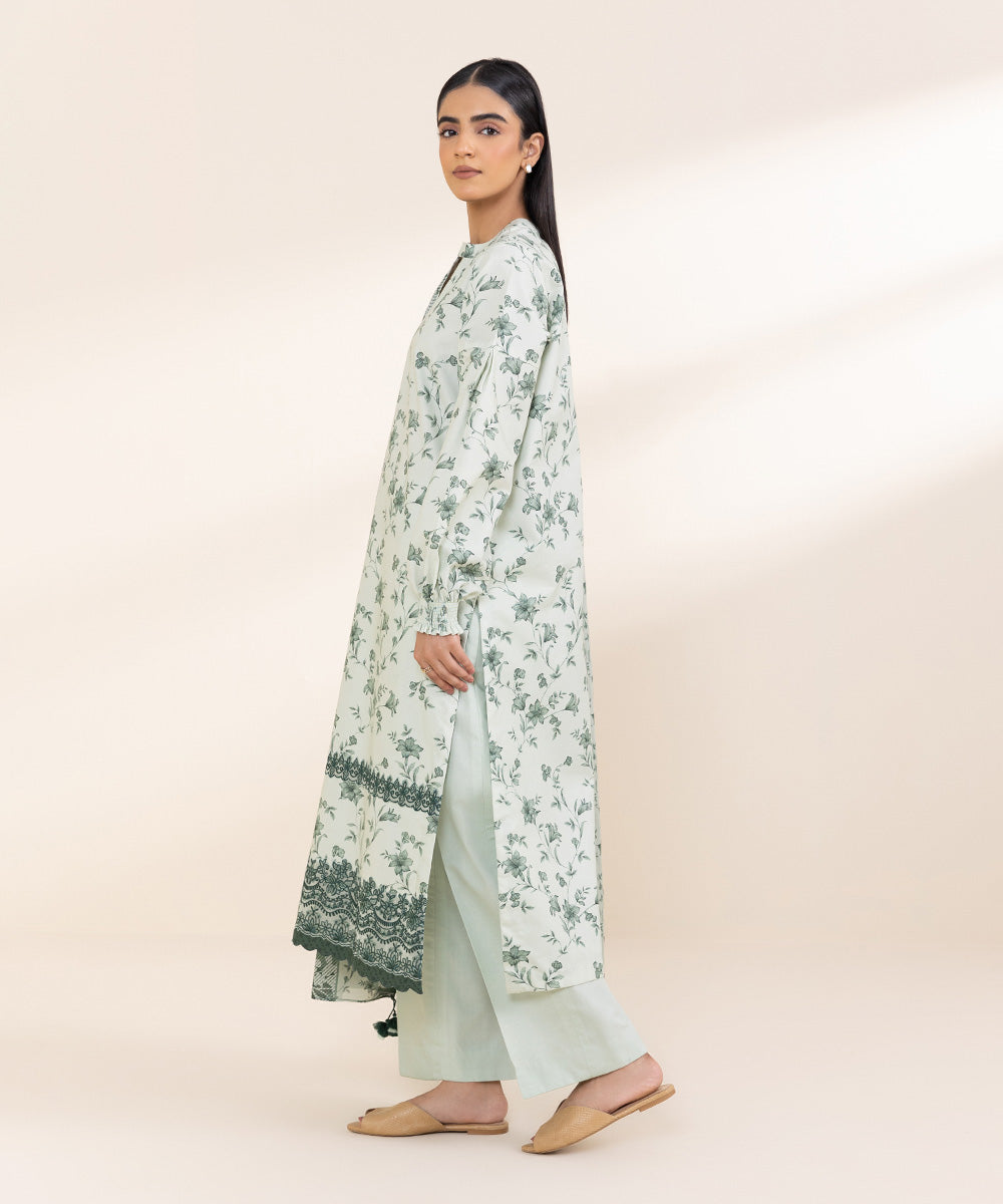 Women's Unstitched Embroidered Ivory Cambric Shirt and Trousers