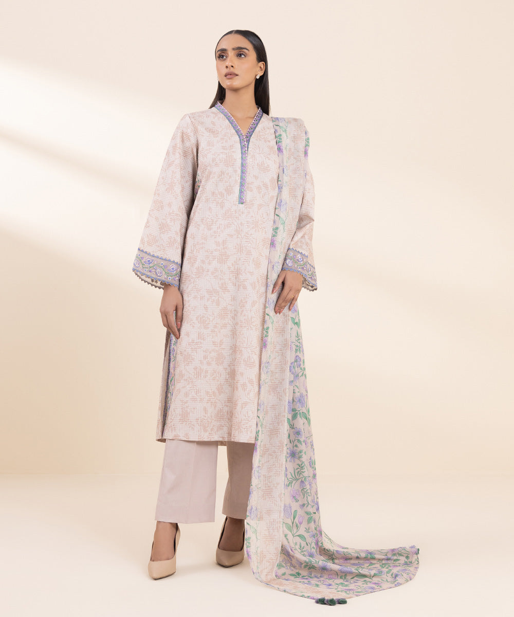 Women's Unstitched Embroidered Pastel Pink Cambric Shirt and Dupatta