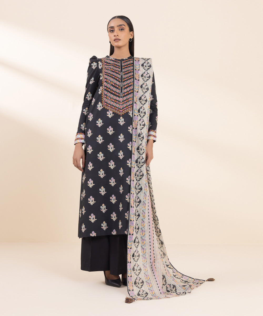 Women's Unstitched Embroidered Black Cambric Shirt and Dupatta