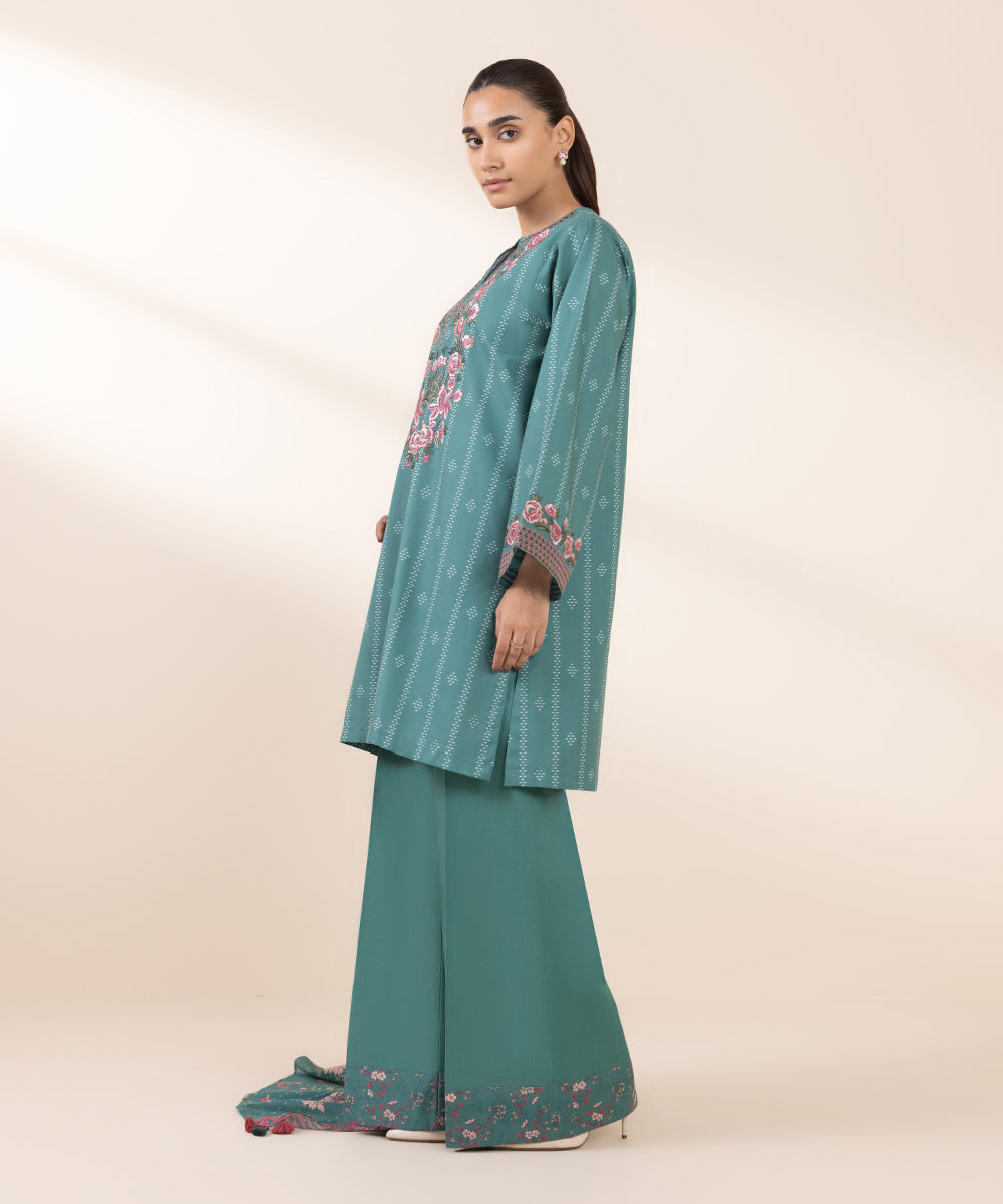 Women's Unstitched Embroidered Turquoise Cambric Three Piece Suit