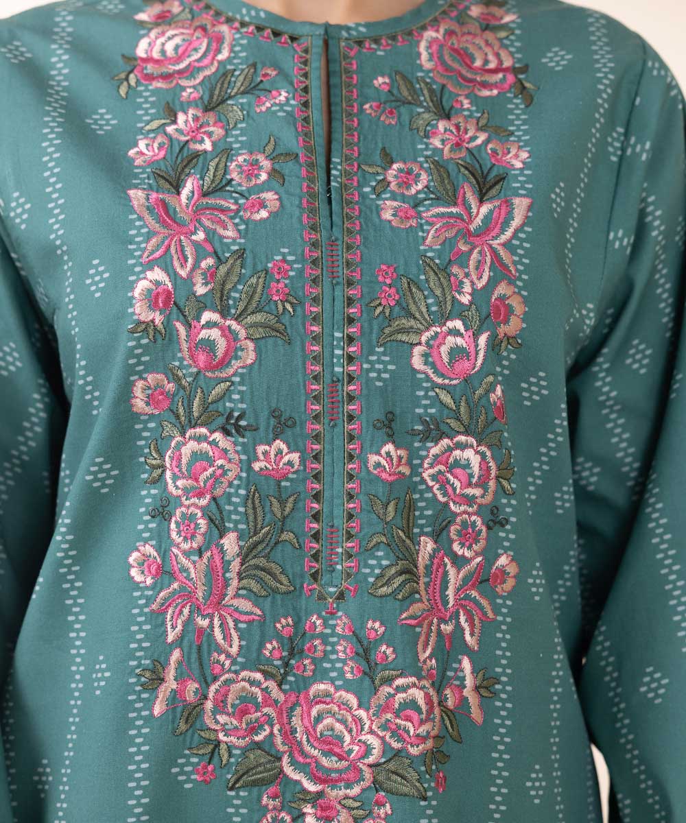 Women's Unstitched Embroidered Turquoise Cambric Three Piece Suit