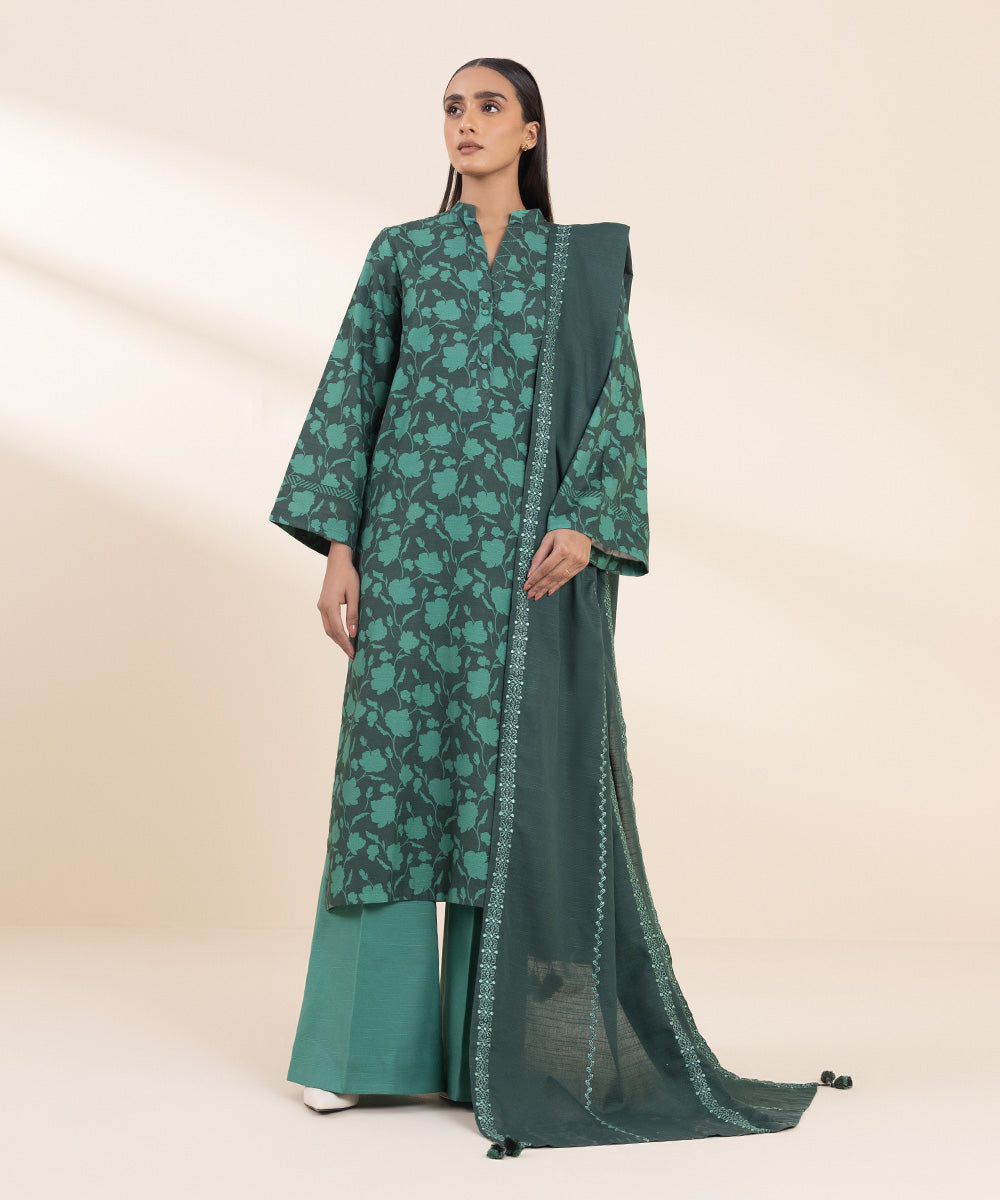 Women's Unstitched Embroidered Dark Green Khaddar Shirt and Dupatta