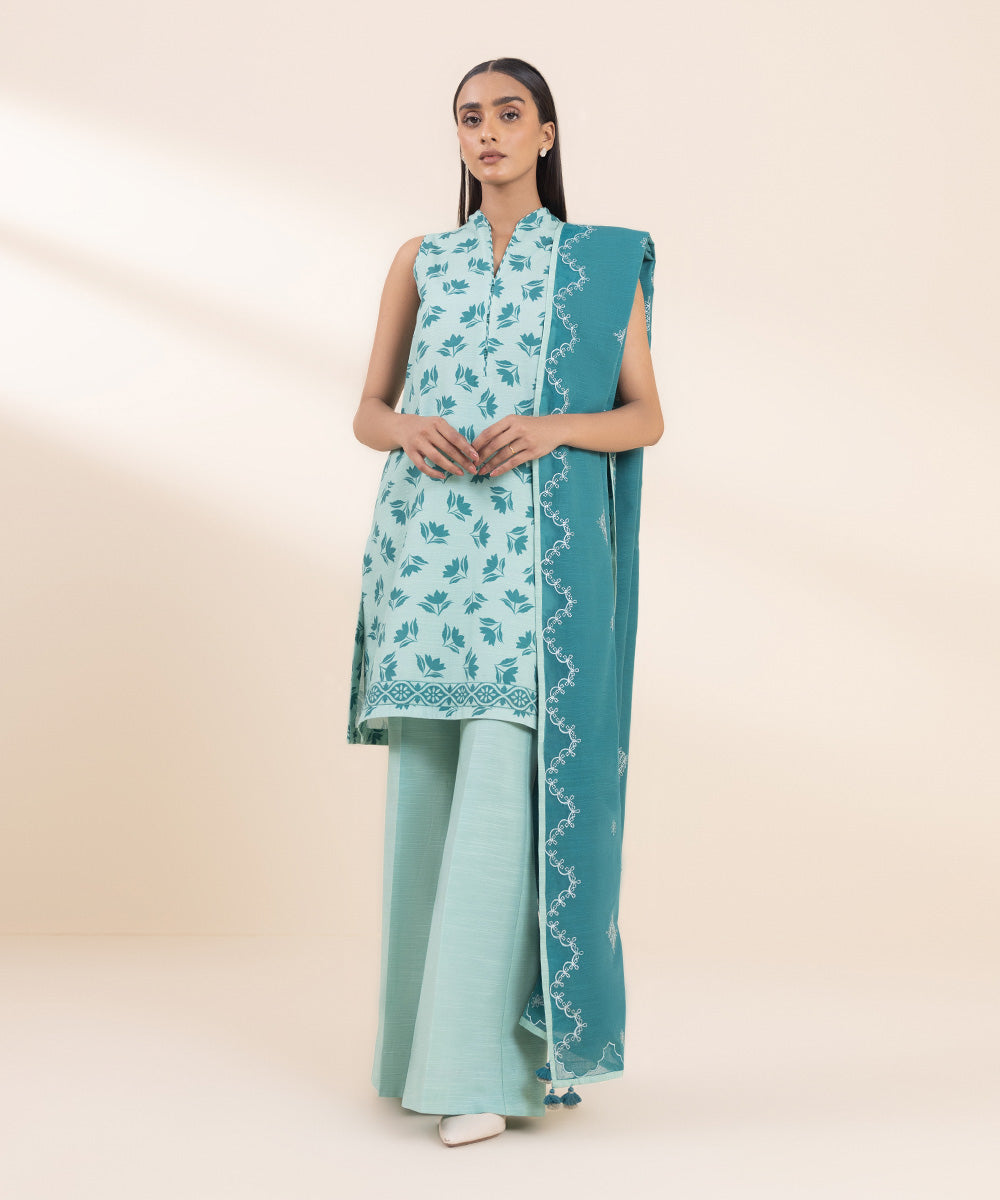 Women's Unstitched Embroidered Aqua Khaddar Shirt and Dupatta