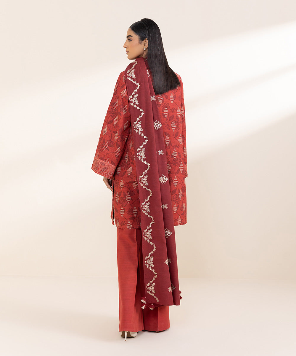 Women's Unstitched Embroidered Red Khaddar Shirt and Trousers