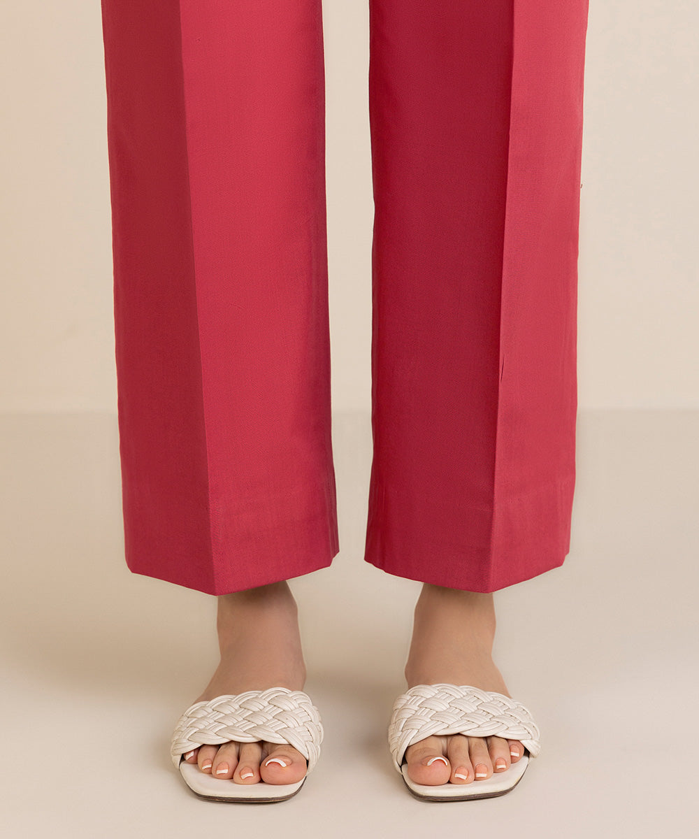 Unstitched Women's Red Cotton Solid Trousers