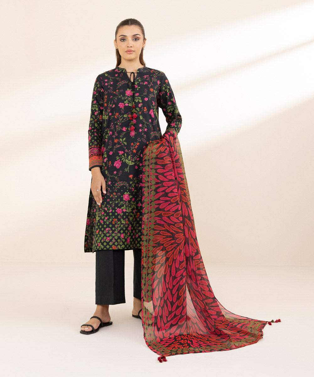 Unstitched Women's Printed Lawn Black Two Piece Suit 