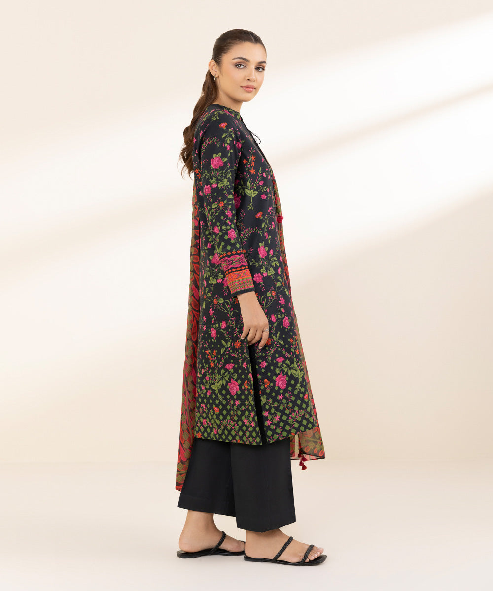 Unstitched Women's Printed Lawn Black Two Piece Suit 