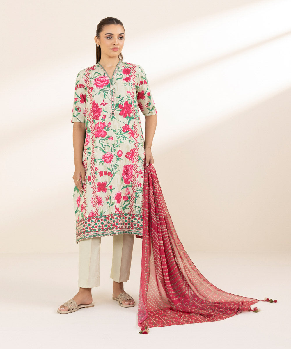 Unstitched Women's Printed Lawn Off white Two Piece Suit 