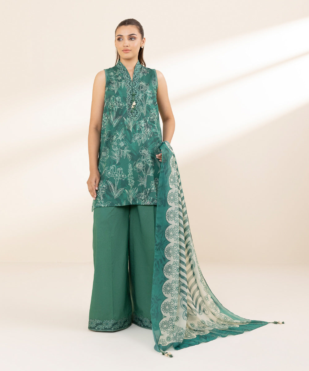 Unstitched Women's Printed Lawn Green Two Piece Suit 