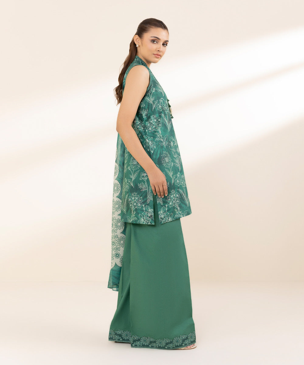 Unstitched Women's Printed Lawn Green Two Piece Suit 