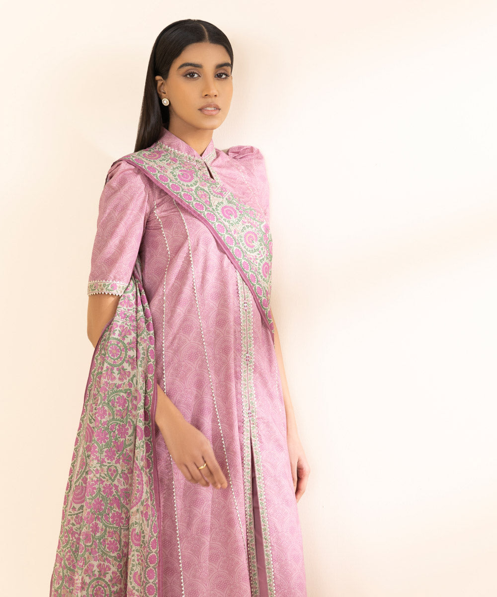 Unstitched Women's Printed Zari Lawn Pink Two Piece Suit 