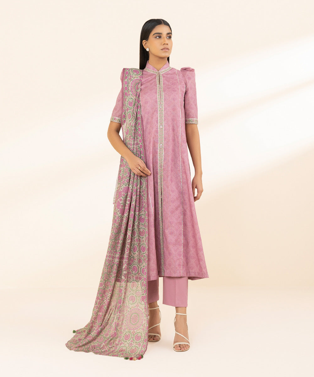 Unstitched Women's Printed Zari Lawn Pink Two Piece Suit 