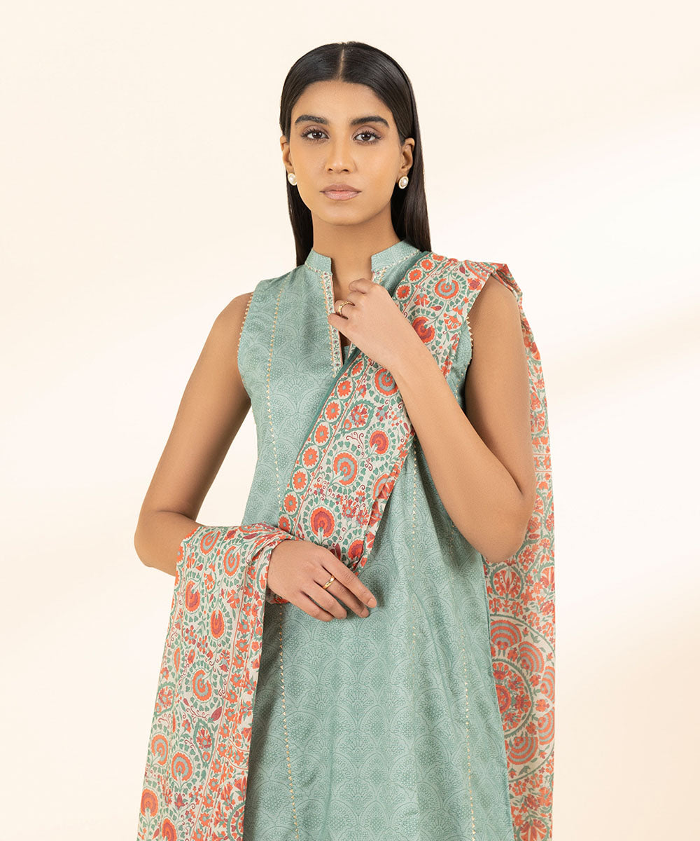 Unstitched Women's Printed Zari Lawn Green Two Piece Suit 