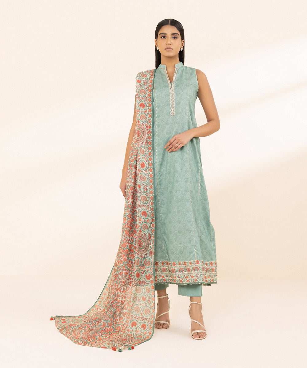 Unstitched Women's Printed Zari Lawn Green Two Piece Suit 