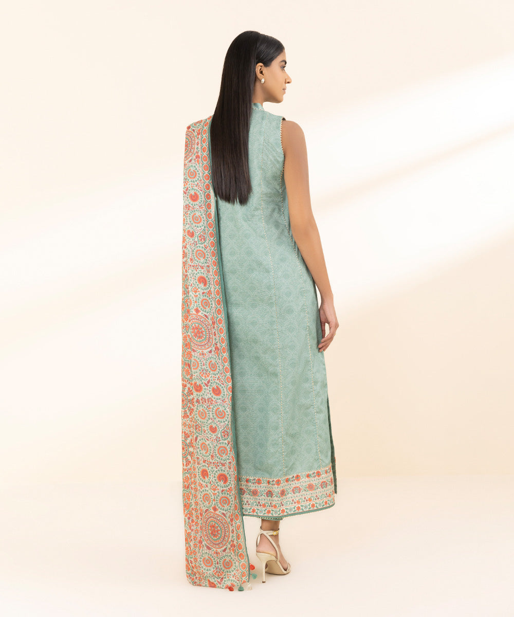 Unstitched Women's Printed Zari Lawn Green Two Piece Suit 