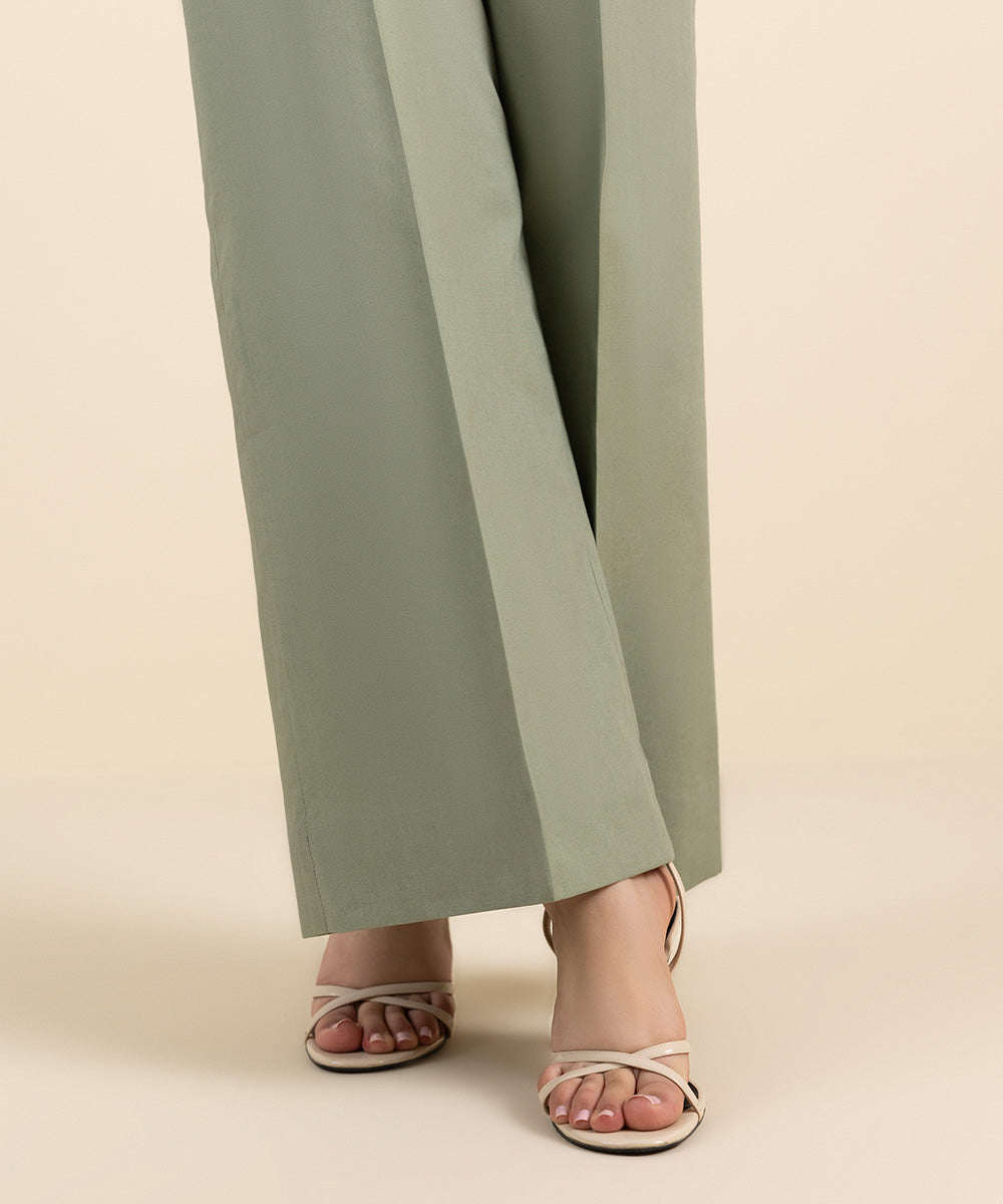 Unstitched Women's Solid Cotton Green Trousers