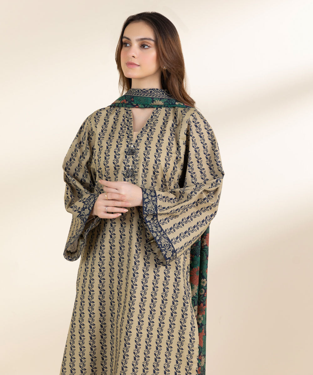 Unstitched Women's Printed Lawn Beige Shirt Dupatta
