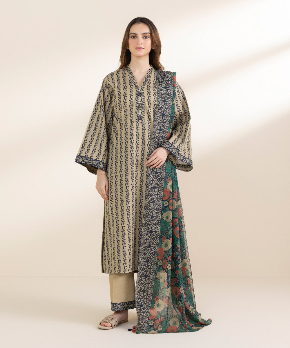 Unstitched Women's Printed Lawn Beige Shirt Dupatta