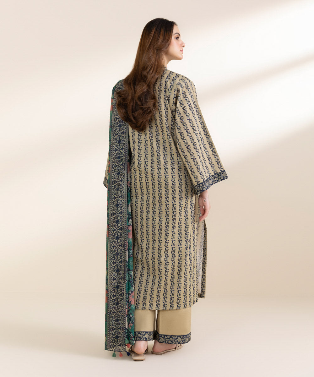 Unstitched Women's Printed Lawn Beige Shirt Dupatta