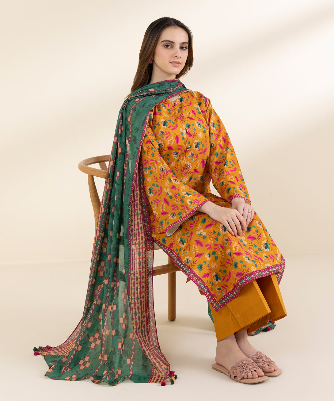 Women's Unstitched Lawn Printed Orange 2 Piece Suit