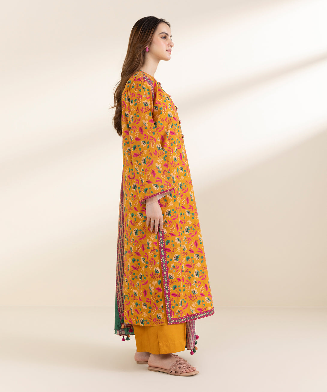 Women's Unstitched Lawn Printed Orange 2 Piece Suit