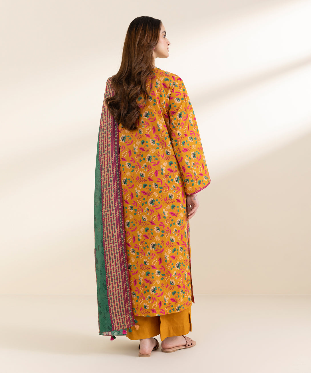 Women's Unstitched Lawn Printed Orange 2 Piece Suit