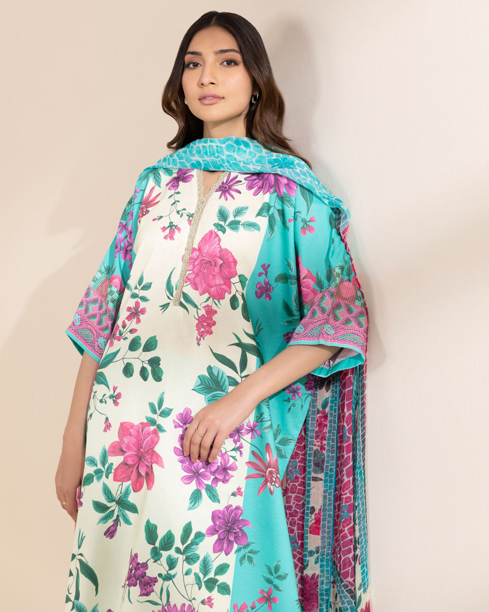 Unstitched Women's Green Lawn 3 Piece Suit