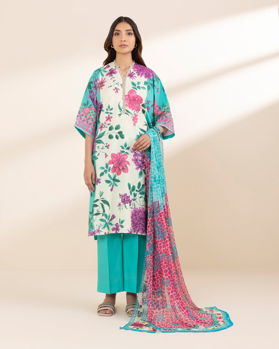 Unstitched Women's Green Lawn 3 Piece Suit