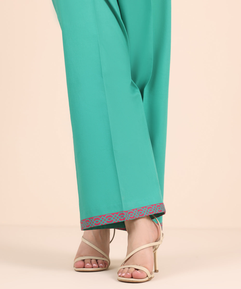 Unstitched Women's Solid Cotton Green Trousers