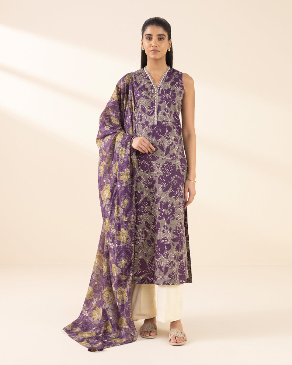 Unstitched Women's Purple Lawn Printed Shirt Dupatta
