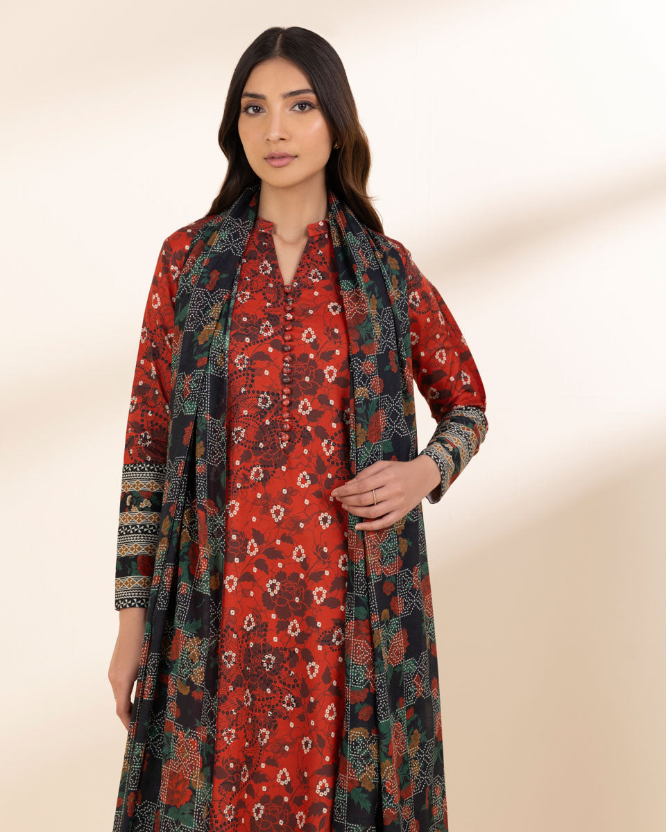 Unstitched Women's Red Lawn Printed Shirt Dupatta