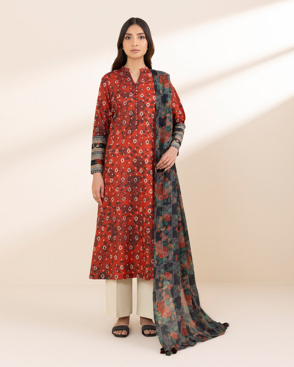 Unstitched Women's Red Lawn Printed Shirt Dupatta