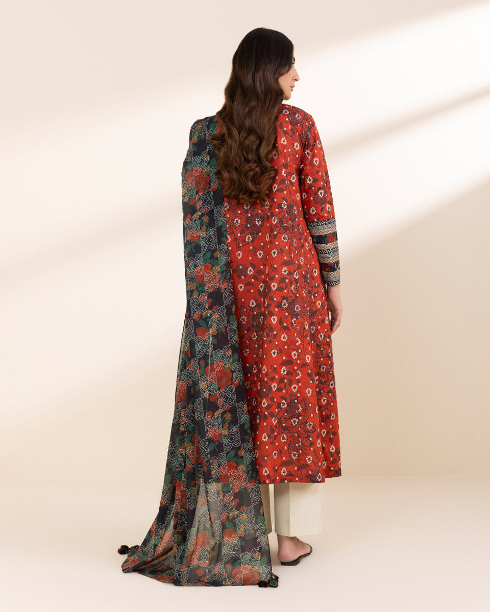 Unstitched Women's Red Lawn Printed Shirt Dupatta