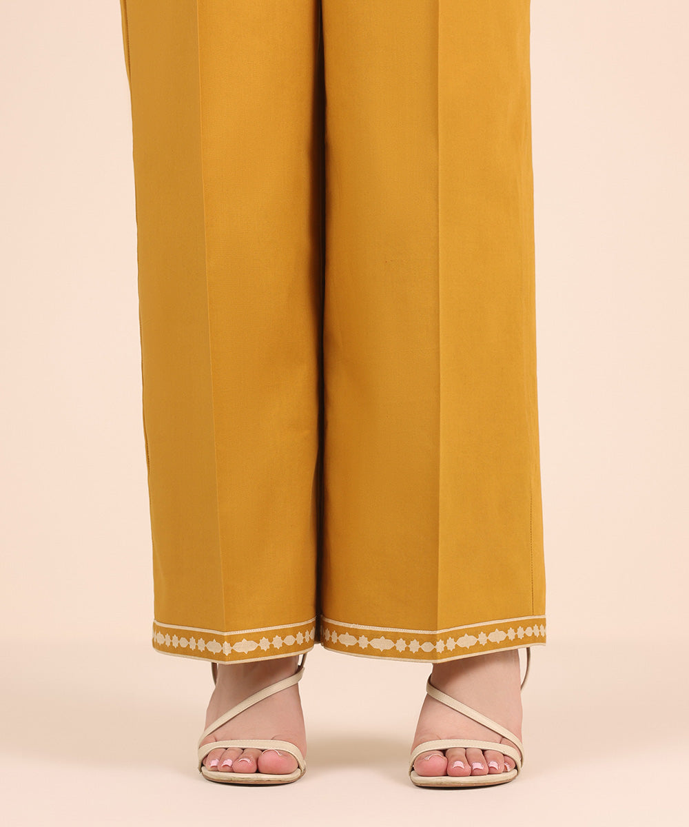 Unstitched Women's Solid Cotton Yellow Trousers