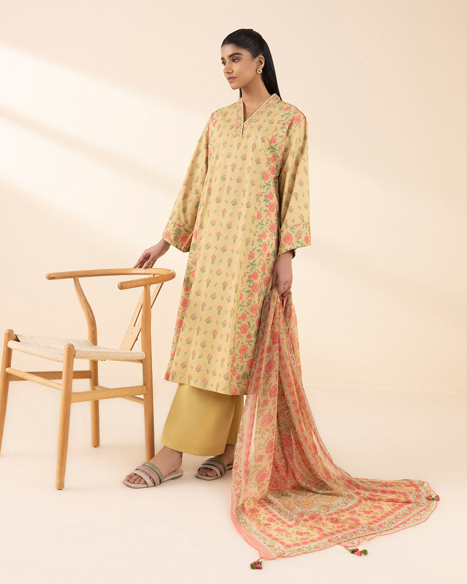Unstitched Women's Yellow Lawn Printed Shirt Dupatta