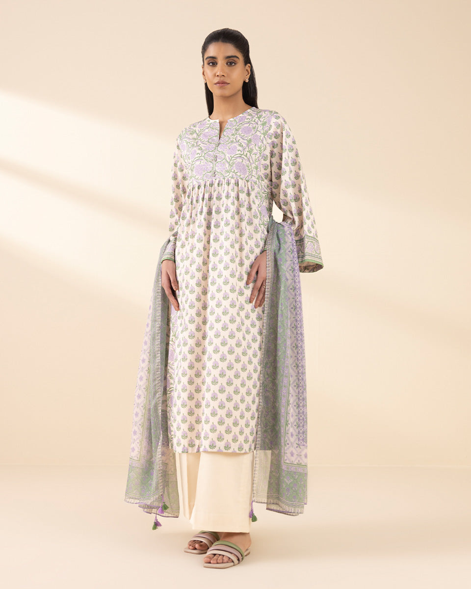Unstitched Women's Off White Lawn Printed Shirt Dupatta