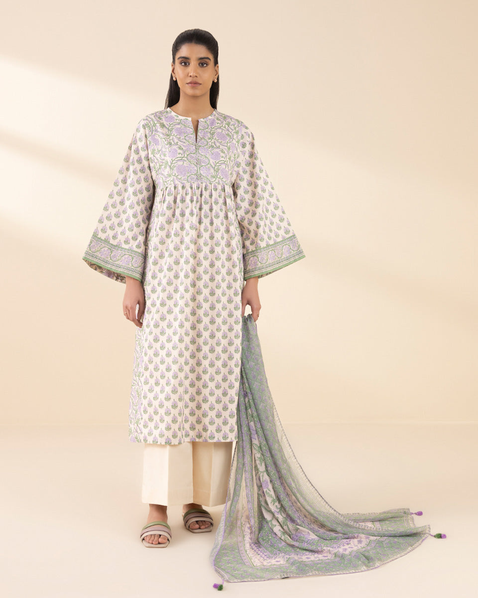 Unstitched Women's Off White Lawn Printed Shirt Dupatta