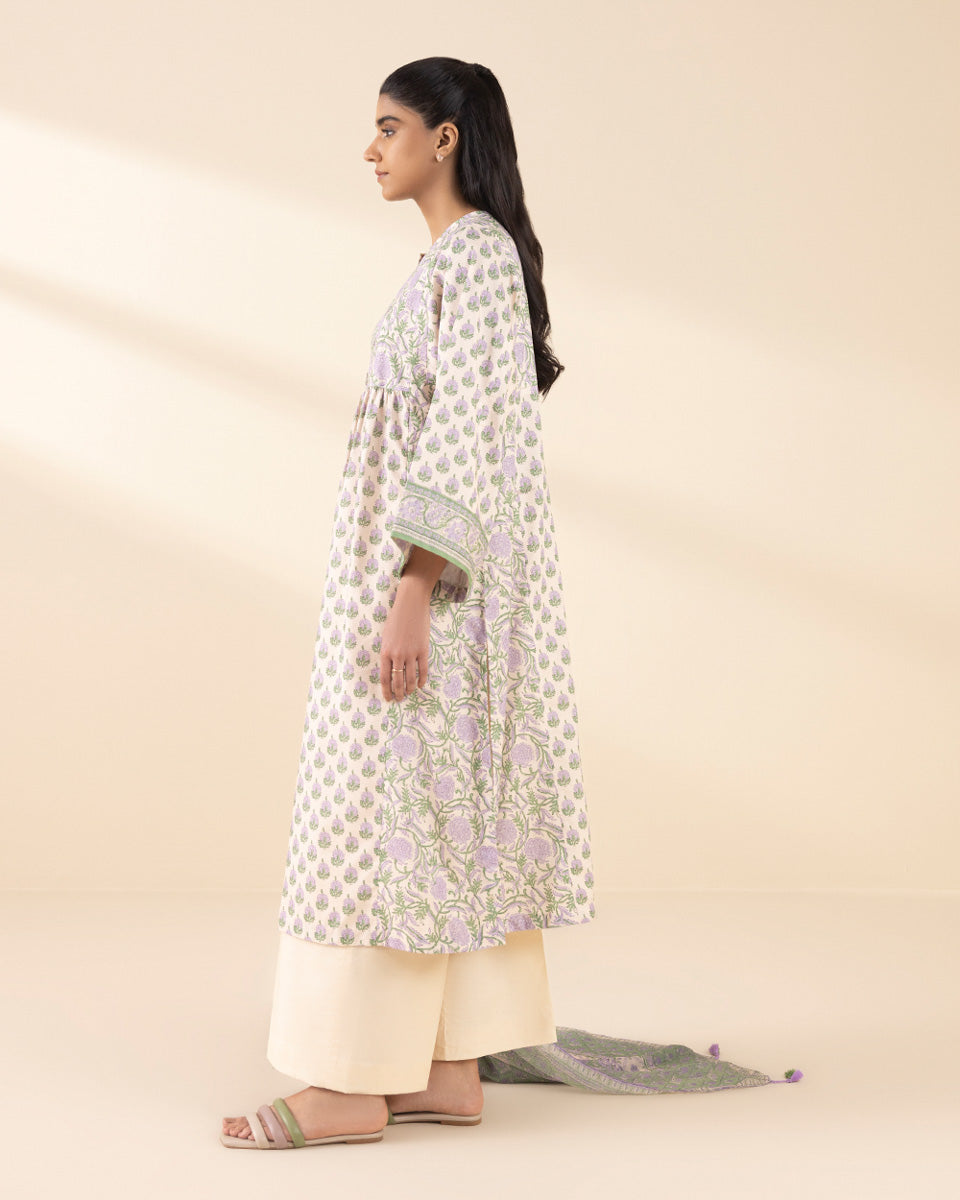 Unstitched Women's Off White Lawn Printed Shirt Dupatta