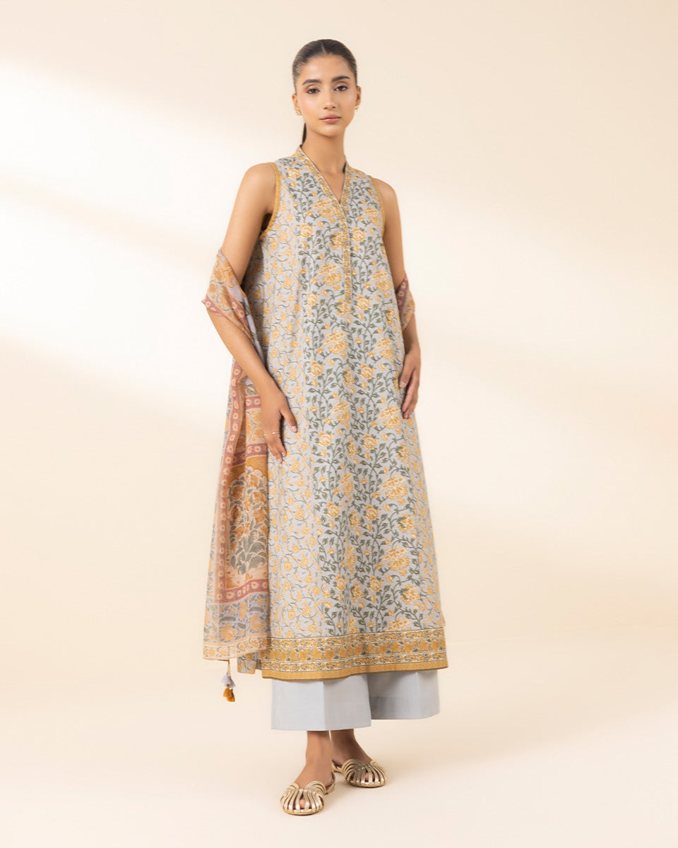 Unstitched Women's Grey Lawn Printed Shirt Dupatta
