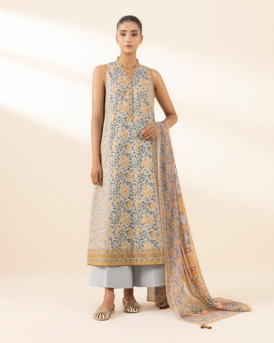 Unstitched Women's Grey Lawn Printed Shirt Dupatta