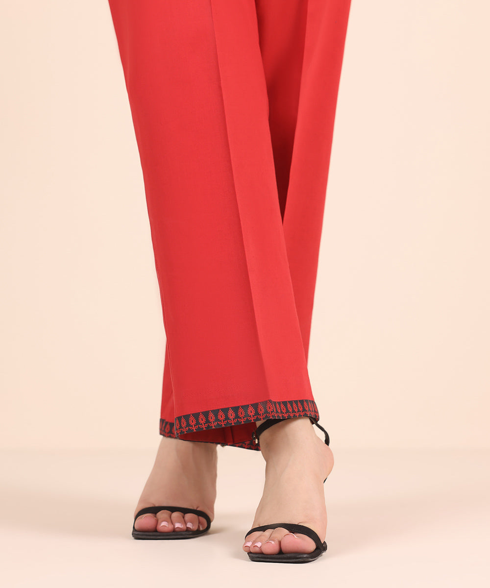 Unstitched Women's Solid Cotton Red Trousers