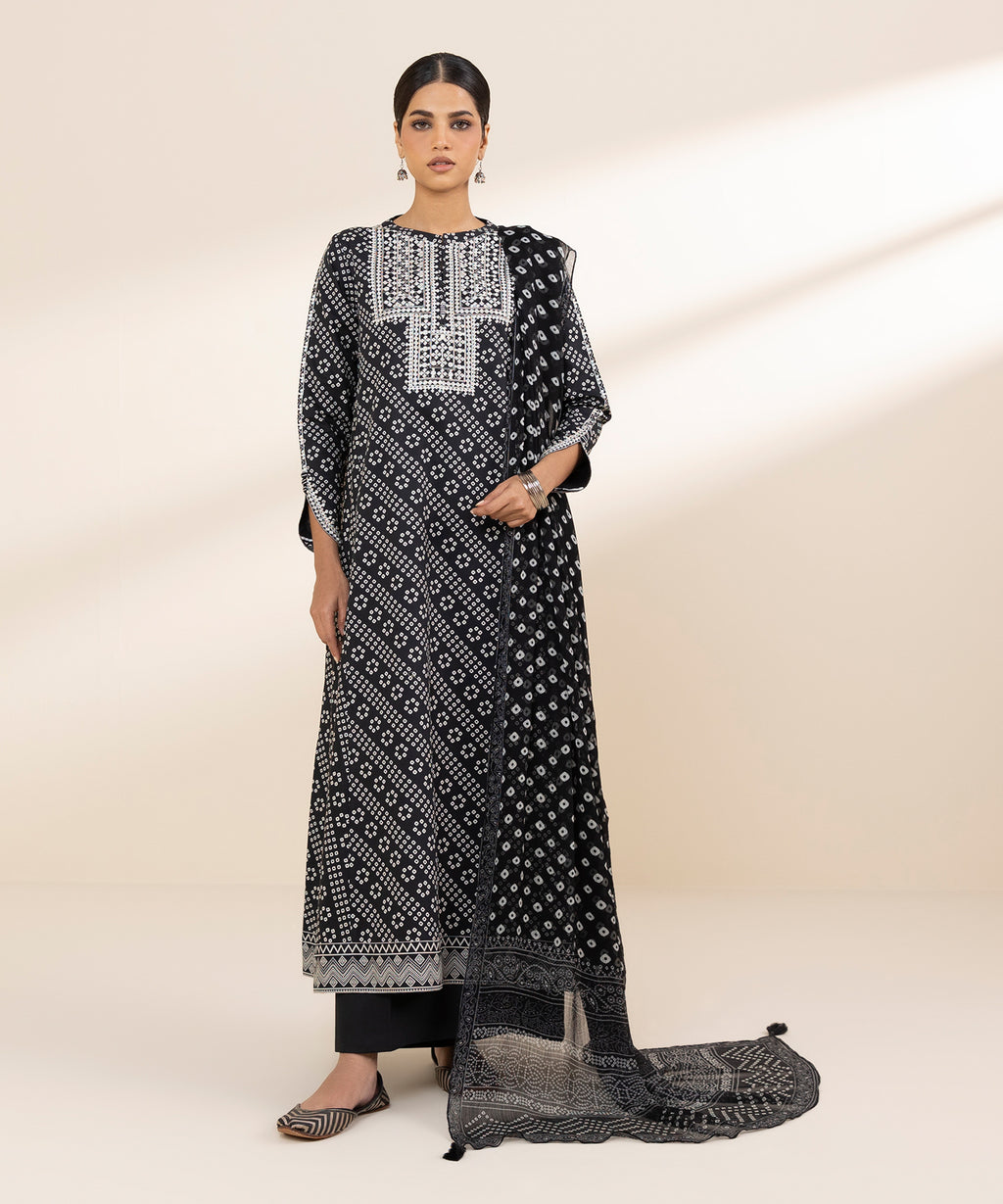 Women's Unstitched Cotton Embroidered Black 2 Piece Suit