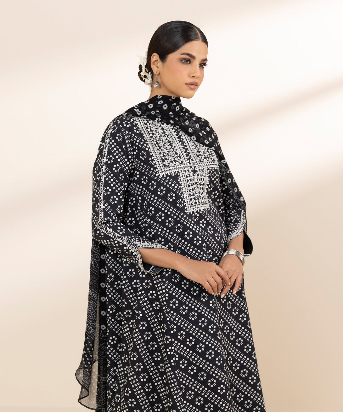 Women's Unstitched Cotton Embroidered Black 2 Piece Suit