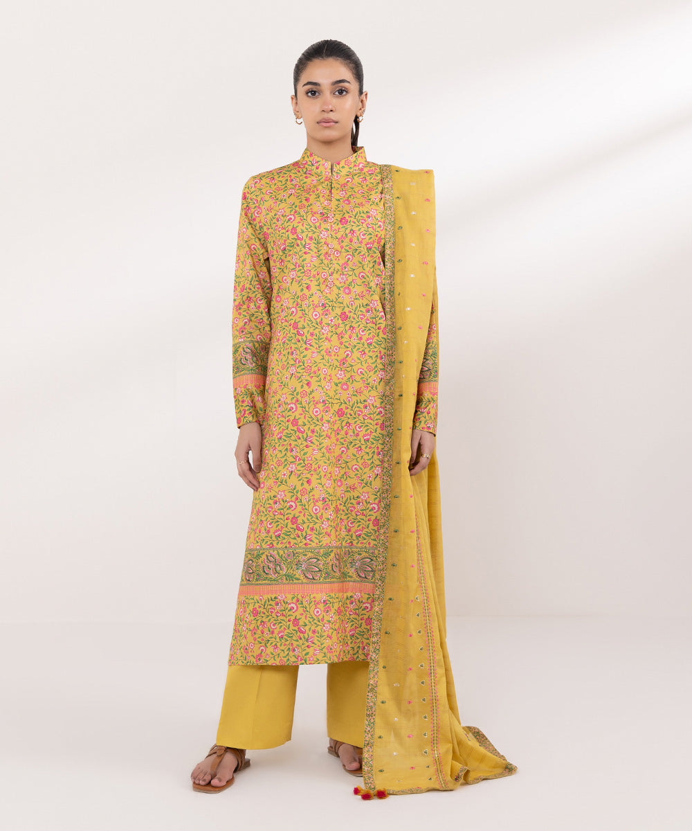 Women's Unstitched Lawn Embroidered Yellow 2 Piece Suit