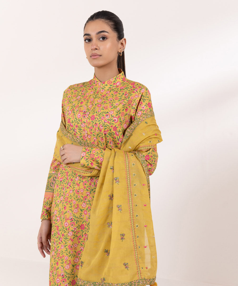 Women's Unstitched Lawn Embroidered Yellow 2 Piece Suit