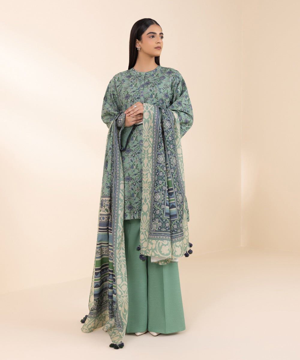 Women's Unstitched Khaddar Embroidered Green 2 Piece Suit