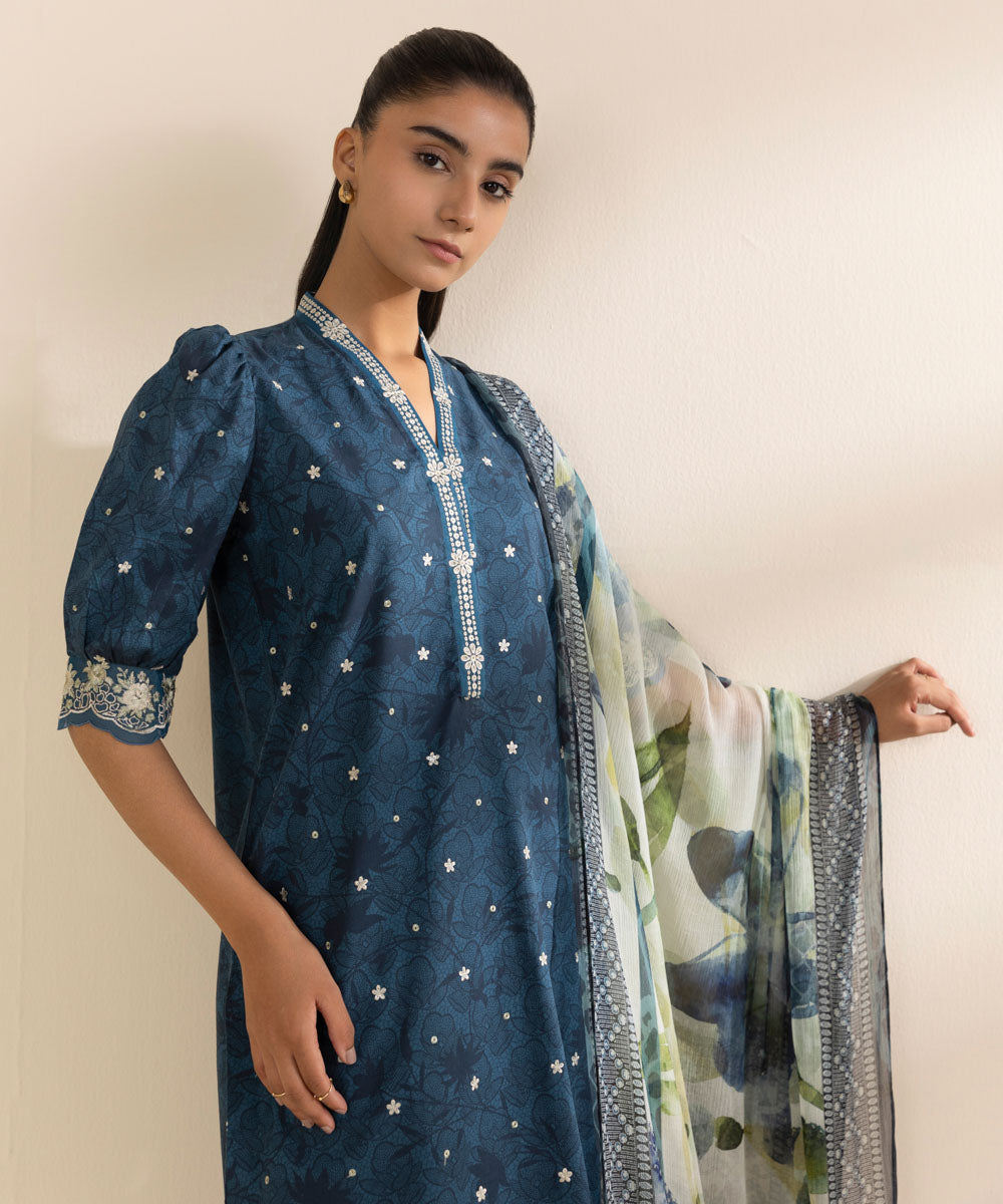 Women's Unstitched Lawn Embroidered Blue 2 Piece Suit