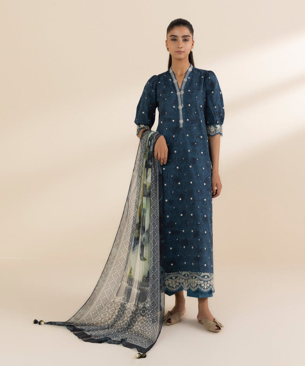 Women's Unstitched Lawn Embroidered Blue 2 Piece Suit