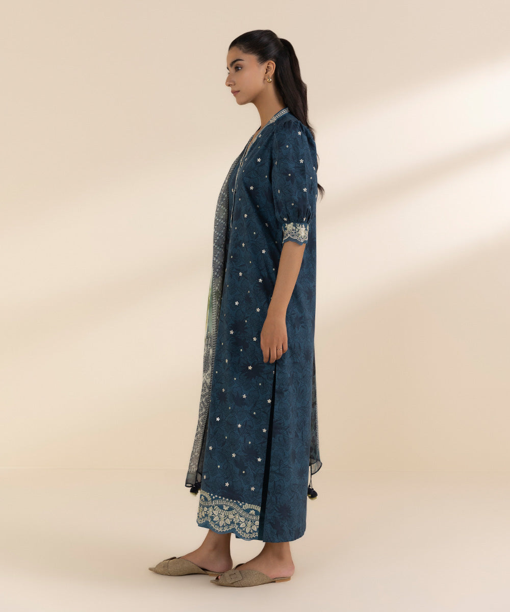 Women's Unstitched Lawn Embroidered Blue 2 Piece Suit